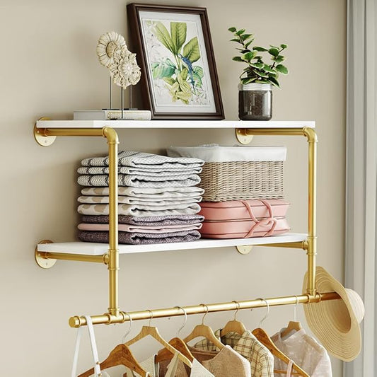 MAIKAILUN Gold Wall Mounted Clothes Rack with 2 Tier Shelves, 42" Long, Heavy Duty Iron and Wood Construction, Ideal for Clothes, Laundry Room