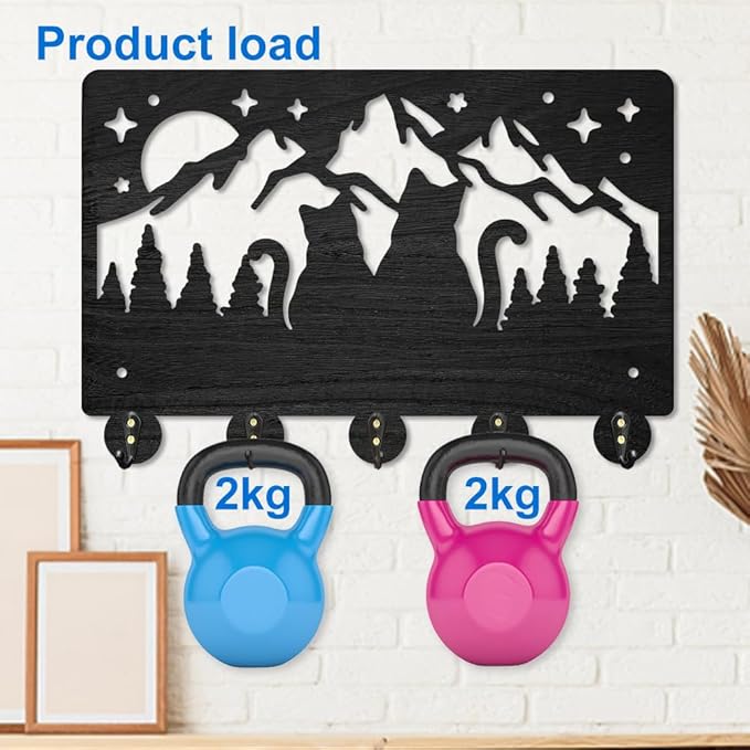 MAYJOYDIY Wood Cat Love Mountain Coat Rack Forest Cat Family Moon Starry Sky Key Hooks for Wall 11.8×7.9inch Black Animal Key Holder Hanger Art Decor 5 Alloy Hooks for Gift Hallway Entryway Kitchen