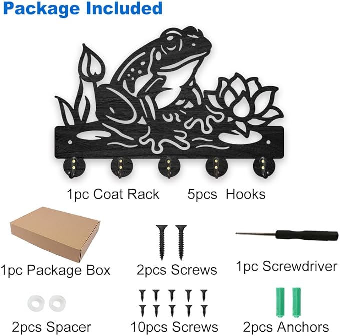 MAYJOYDIY Wooden Frog Lotus Flower Coat Hooks Summer Pond Key Holder for Wall 11.8×7.9inch Decorative Wall Hooks for Hanging with 5 Alloy Hooks for Entryway Kitchen Office Gift