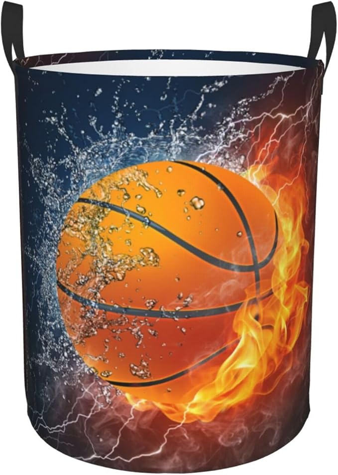 Sport Basketball Ball In Fire And Water Round Laundry Hamper Storage Basket Toys Clothes Organizer Bin For Home Bathroom Bedroom Dorm Nursery, 62l