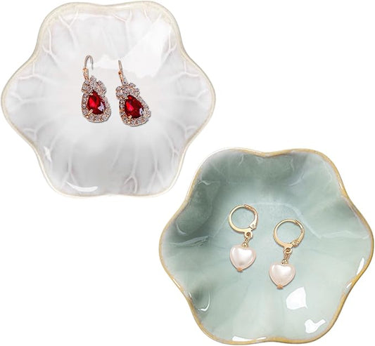 2 Pcs Ceramic Jewelry Dish, Jewelry Tray Key Tray,Small Ring Dish Holder Jewelry Plate Trinket Dish Catchall Tray Nightstand Decor For Table Room Decor SM (4.3 In, White,Green)