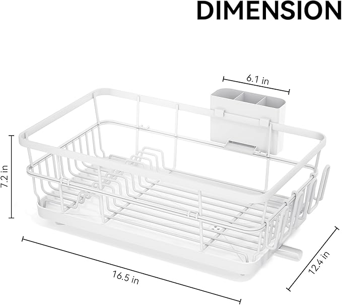 TOOLF Dish Drying Rack, Dish Racks for Kitchen Counter, Stainless Steel Sink Organization and Storage Essentials with Cutlery Holder, Dish Drainer, Home and Appartment Decor, 12.4''W x 16.5''L, White