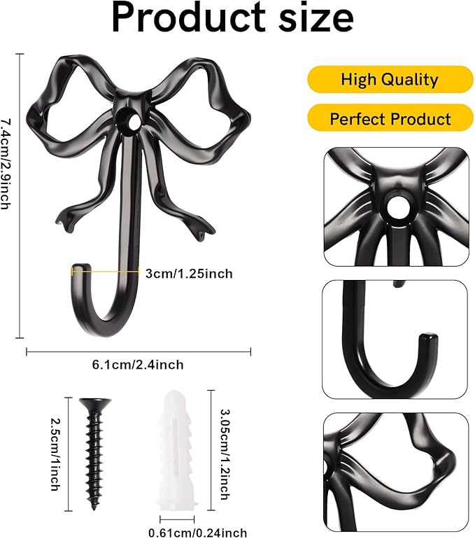 10 Pcs Black Bow Hooks, Bow Hooks for Wall, Bow Decoration Hook,Decorative Hook, Suitable for Room, Bathroom, Love Shack Fancy Decor（Black）
