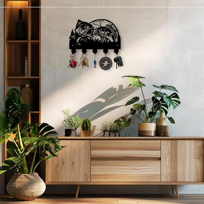 MAYJOYDIY Wooden Fish Coat Hooks Wall Mount Fishing Rod Lake Key Holder 11.8×7.9inch Summer Gone Fishing Tree Key Hook Rack with 5 Alloy Hooks for Gift Hallway Entryway Kitchen Wall Art Decor