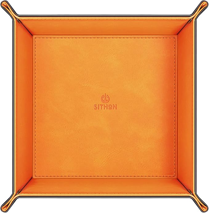 SITHON Valet Tray Desktop Storage Organizer â Premium PU Leather Catchall Bedside Vanity Tray Nightstand Caddy Holder for Remote Controller, Keys, Phone, Wallet, Coin, Jewelry (Orange)