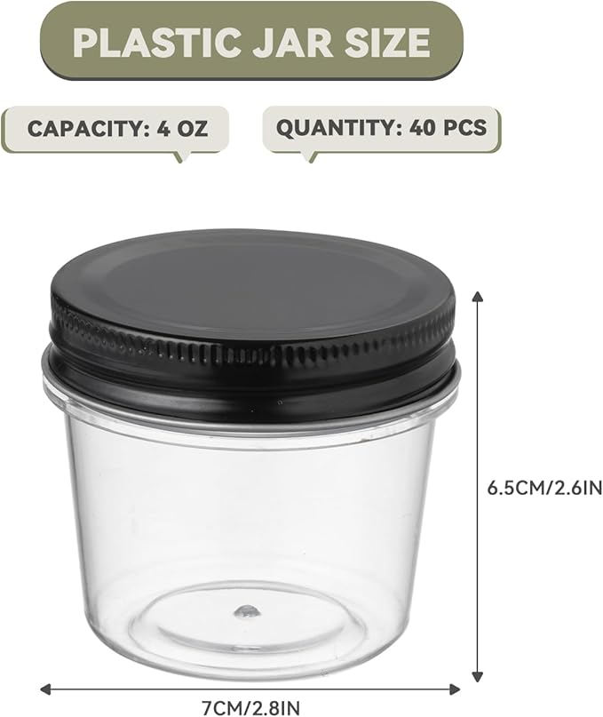 novelinks 4 oz Small Plastic Jars with Lids, 40 Pack Mini Plastic Mason Jars with Lids 4oz, Craft Storage Containers & Canning Jars & Small Spice Jars for Kitchen Organization (40 Pack,Black)