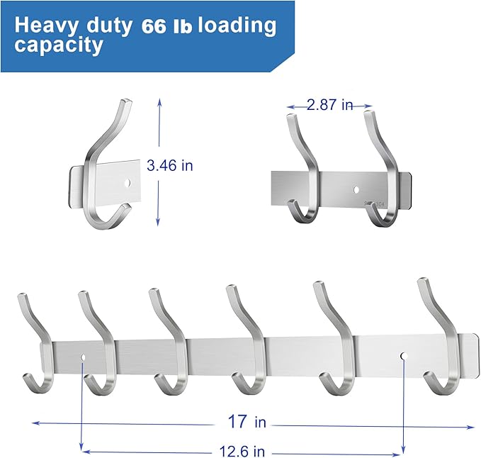 304 Stainless Steel Wall Hooks, 17 Inch Coat Rack Wall Mount with 6 Hooks,Silver Wall Hooks Hangers for Entryway, Bathroom - for Hanging Backpack, Bag, Coat, Purse, Hat, Towel, Clothes,2 Packs