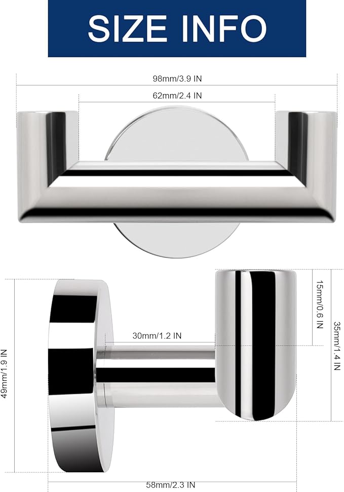 NearMoon Bathroom Double Towel Hook- SUS304 Stainless Steel Robe Towel Holder, Heavy Duty Double Coat Hook for Bathroom Livingroom Kitchen Wall Mounted (Chrome Finish-U, 4 Pack)