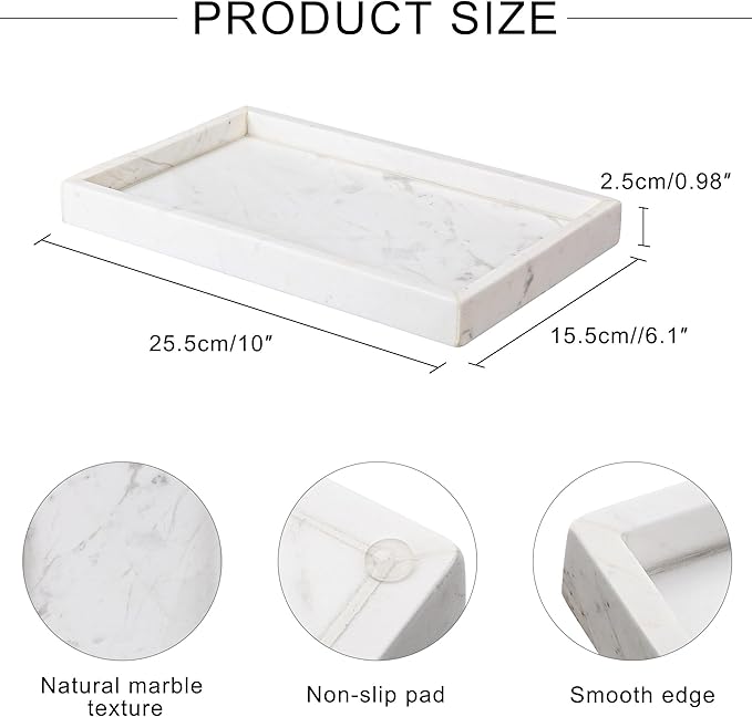 Natural Marble Vanity Bathroom Tray, 10" x 6.1" x 0.9" Not Plastic, Real Stone Home Decor Tray for Bathroom,Countertop,Kitchen, Sink Storage Holder Organizer for Soap Candles Perfume