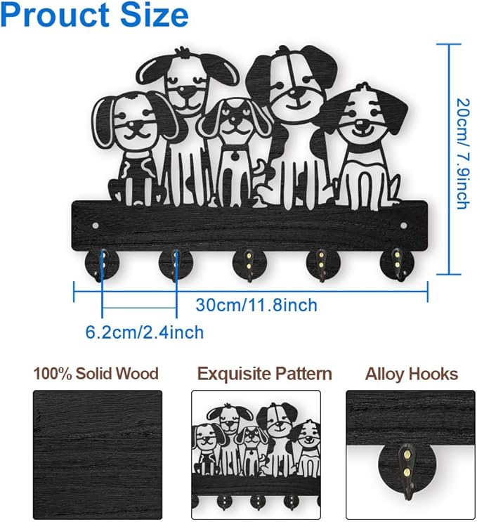 MAYJOYDIY Dog Coat Hook Wall Mount 11.8x7.9in Wood Cute Pet Animal Puppy Wall Art Decor 5 Alloy Hooks Black Hook Rack Hat Dog Leash Holder for Entryway Living Room Gift