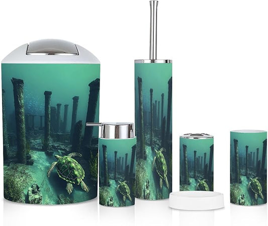 6 Piece Bathroom Accessories Set Surreal Art Ancient Sea Turtle Ruin Trash can Toilet Brush Holder Toothbrush Holder Toothbrush Cup Soap Dispenser Soap Dish for Home