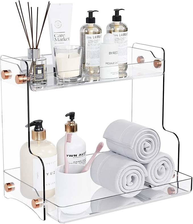2 Tier Bathroom Countertop Organizer with Adhesive Support, Vanity Storage Rack for Skincare, Perfume & Makeup, Bathroom Counter Organizer Shelf, Space Saving for Bathroom, Kitchen, Coffee Bar