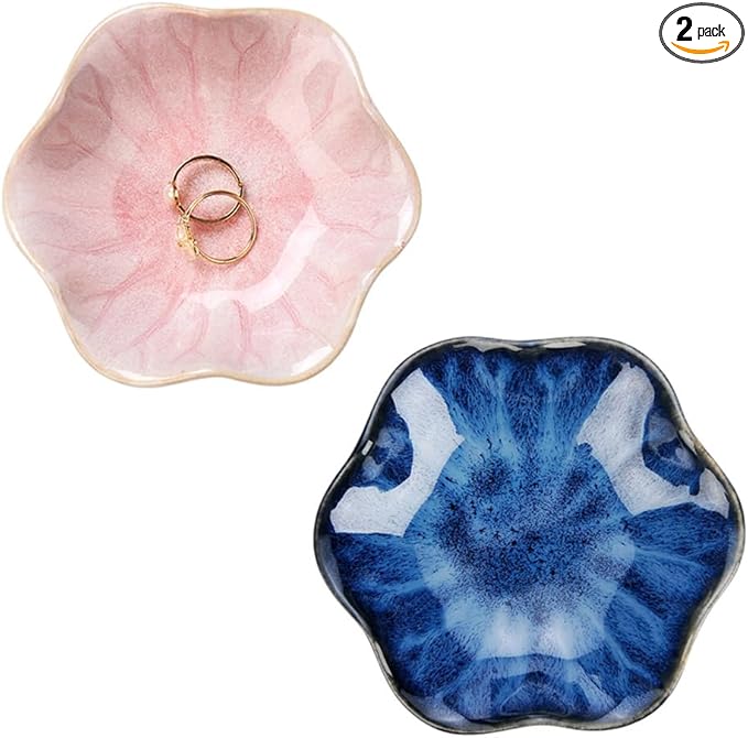 2PCS Lotus Leaf Shape Ring Holder Dish, Small Key Bowl, Ceramic Trinket Tray Jewelry Dish Organizing Necklace Earrings for Mom Friend Sister, All Jewelries Are NOT Included. Blue+Pink.â¦