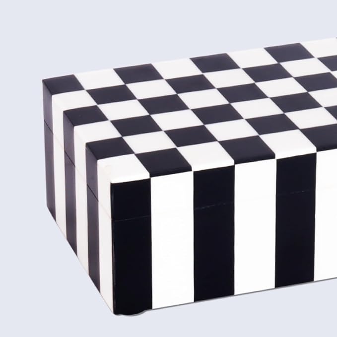 Handicrafts Home Decorative Storage Box with Lid – Black and White Box for Remote Controls, Coffee Table Storage Organizer, Keepsake Decorative Box for Shelf & Hallway Decor – Puzzle Check 10x4.5x2.5