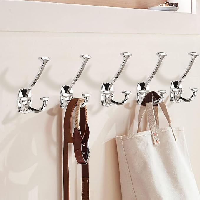 Large Wall Double-Sided Hook 5 Pack Polished Nickel Hook Decorative Heavy Duty Solid Large Coat Hooks for Towel Hanging Coats Robe Towel Bags Door Back 2 Prong Hooks