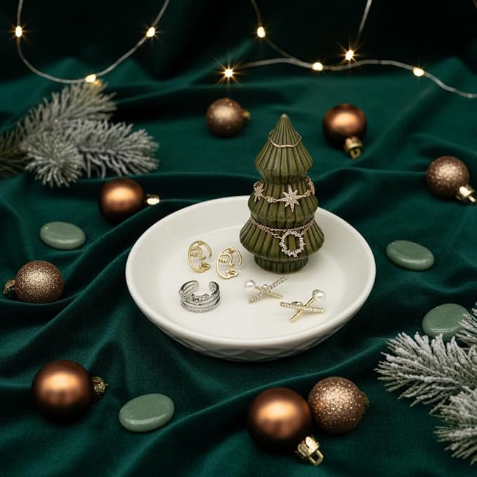 Moss Green Christmas Tree Ring Dish - Ceramic Jewelry Holder for Kitchen Sink or Vanity - Aesthetic Sage Green Room Decor, Holiday Xmas Tree Trinket Tray, Christmas Gifts for Women