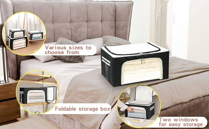 Stackable Clothes Storage Box for Clothing Gadgets,Steel Frame Storage Bins for Toys Gift,Foldable Oxford Fabric Closet Organizer Bag Set w/Carry Handles Clear Window (Small- 22L x3 Pack, Black)