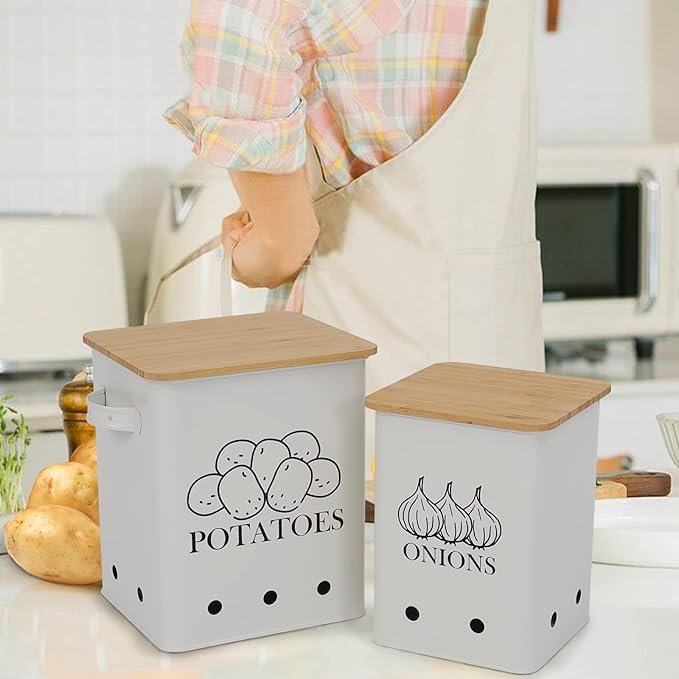 Kitchen Vegetable Storage Tins Set of 2 for Potatoes, Onion, with wooden lid Garlic Bin Caddy, Long Shelf Life-white