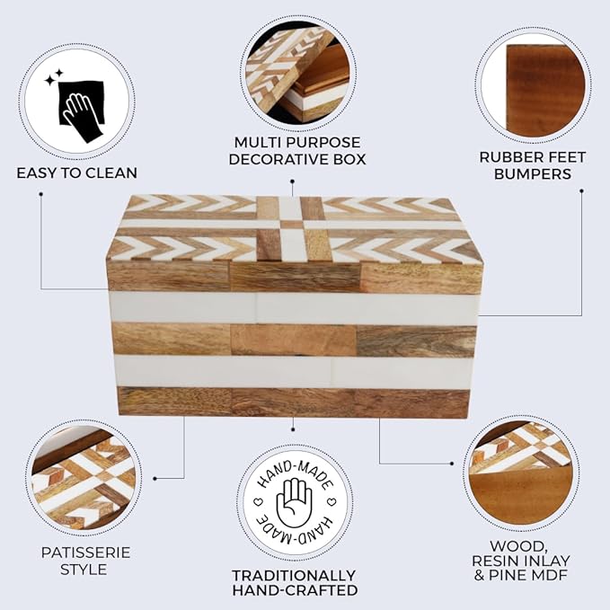 Handicrafts Home White Large Decorative Storage Box with Lid Wooden Memory Box Keepsake Storage Box Photo Storage Box for Home Organization â Resin Inlay Patisserie Adorn Collection- 10x5x5