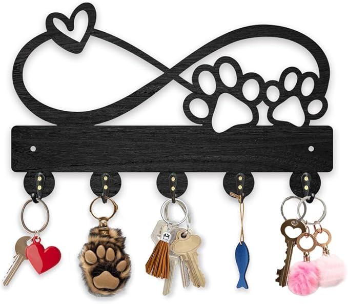 MAYJOYDIY Wood Paw Prints Hearts Coat Rack Infinity Sign Key Holder for Wall 11.8×7.2inch Love Heart Decorative Wall Hooks 5 Alloy Hooks Animal Paw Print Black Wall Hanger for Gifts Entryway Room Home
