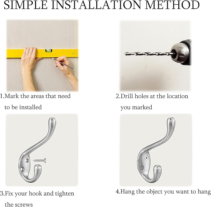 Coat Hooks 20 Pack - Heavy Duty Wall Mounted Brushed Nickel Double Hooks for Hanging Clothes/Towels - Sturdiness Design with Better Mounting System