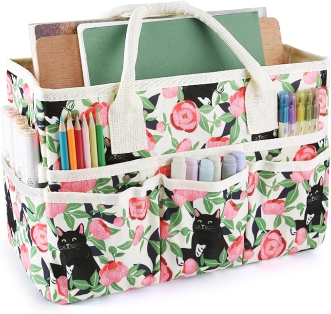 E-WEICHEN Craft Organizer Tote Bag Art Storage Caddy with Multiple Pockets Containers for Art,Craft,and Office Supplies Storage.Rose Cat