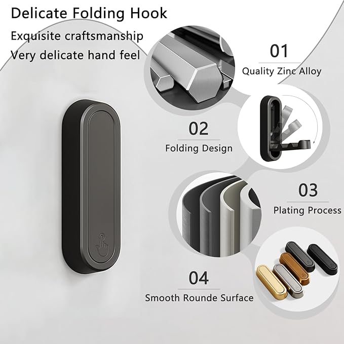 6PCS Folding Coat Hooks, Heavy Duty Wall Hooks Made of Zinc Alloy, Foldable Wall Hooks for Hanging Coats, Scarves, Hats, Bathrobes, Keys, Bags (Black)