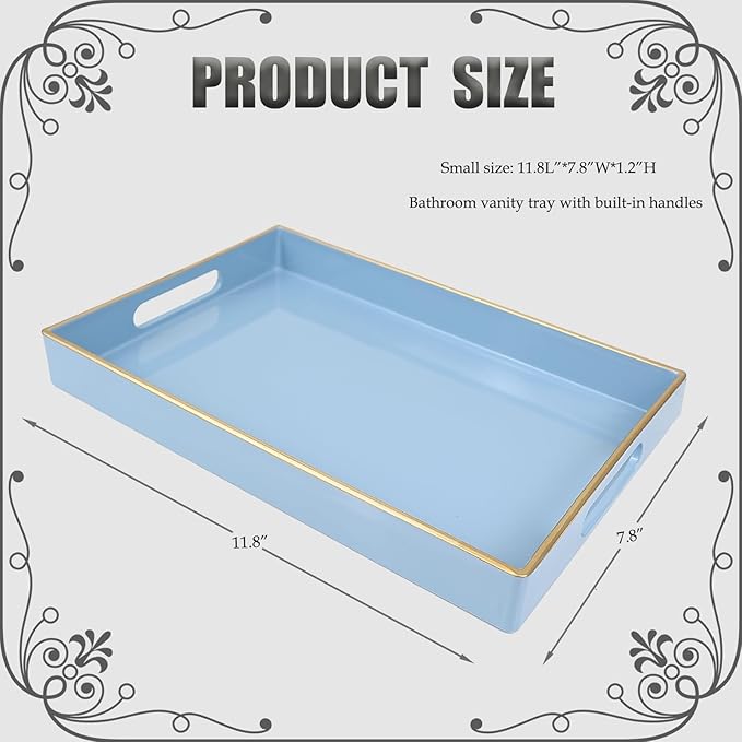 Spsyrine Blue Bathroom Vanity Tray with Handles for Dresser Tops, Countertop, Perfume Decorative Tray, 11.8â * 7.87â *1.37â