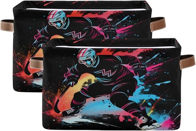 Storage Basket Colorful Abstract Ice Hockey Player Durable Canvas Collapsible Toy Box Organizer Bin with Handles for Shelf Closet Bedroom Home Office