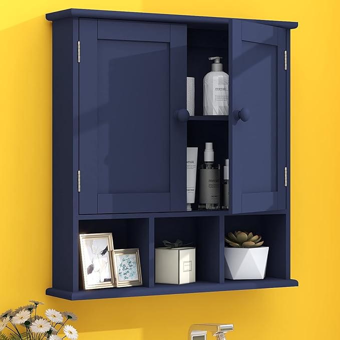 TaoHFE Blue Bathroom Over The Toilet Storage Cabinet,Wall Medicine Cabinet Organizer with 2 Door Adjustable Shelves,Wooden Modern Bathroom Shelves Wall Mounted Laundry Room