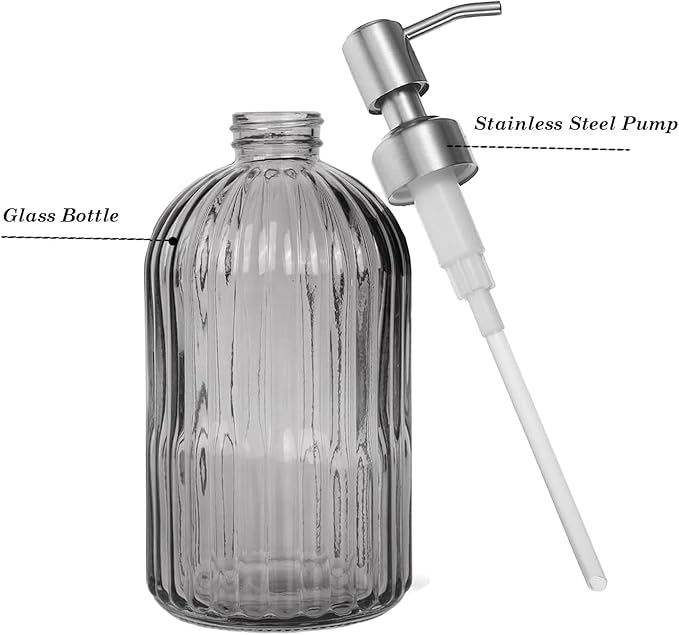 14Oz Gray Soap Dispenser Bathroom, Clear Glass Hand Soap Dispensers with Stainless Steel Pump, Refillable Dish Soap Dispenser for Kitchen, Countertop Soap Dispensers