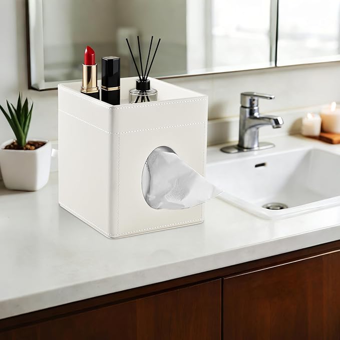 Tissue Box Cover with Storage Tray Square Tissue Box Holder PU Leather Facial Tissues Organizer Tray for Bathroom Vanity Bedroom Office Car,Stylish Napkin Caddy Decorative Organizer,Cream White