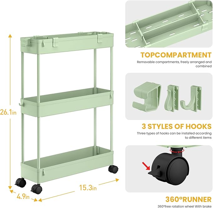 SPACELEAD Slim Storage Cart 3 Tier,Bathroom Organizer Rolling Utility,Mobile Shelving Unit Slide Out for Office, Kitchen, Laundry Room & Narrow Placesï¼Green