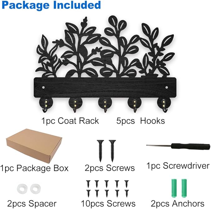 MAYJOYDIY Wooden Leaf Pattern Key Hook Wall Mounted Nature Plant Themed Key Holder for Wall 11.8×7.8 inch Black Art Key Hanger Rack with 5 Alloy Hooks for Entryway Bedroom Living Room Home Decor