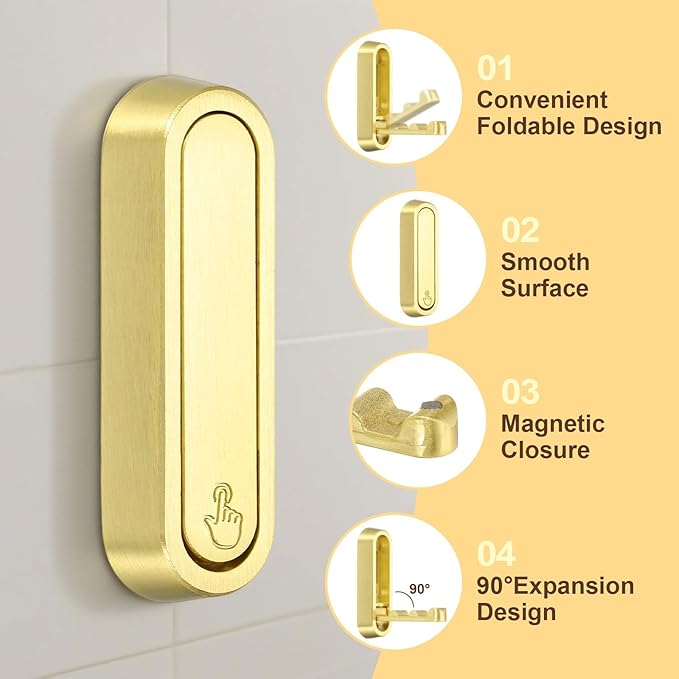 uxcell Foldable Wall Hooks, Aluminum Alloy Heavy Duty Wall Mounted Folding Coat Hooks with Mounting Accessories Space-Saving for Hanging Coat Towels Hat Bags, Oval, Brushed Gold