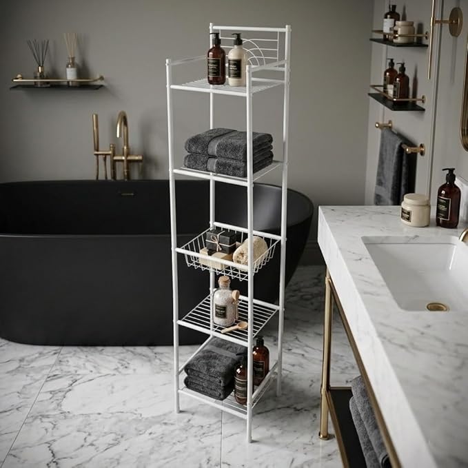 Bath Bliss 5 Tier Freestanding Bathroom Storage Shelf, White Metal Organizer Rack | Rust Resistant Space Saving Bathroom Stand | Toilet Paper Towel Holder | Bathroom Organizer for Small Spaces