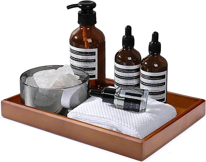 Rectangle Wood Bathroom Tray, 11.4" x 7.8" Wooden Serving Platter, Decorative Ottoman Tray Organizer for Counter Vanity Kitchen Decor Table Party