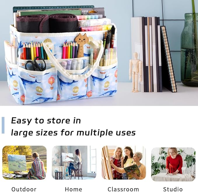 E-WEICHEN Craft Organizer Tote Bag Art Storage Caddy with Multiple Pockets Containers for Art,Craft,and Office Supplies Storage.Light Whale