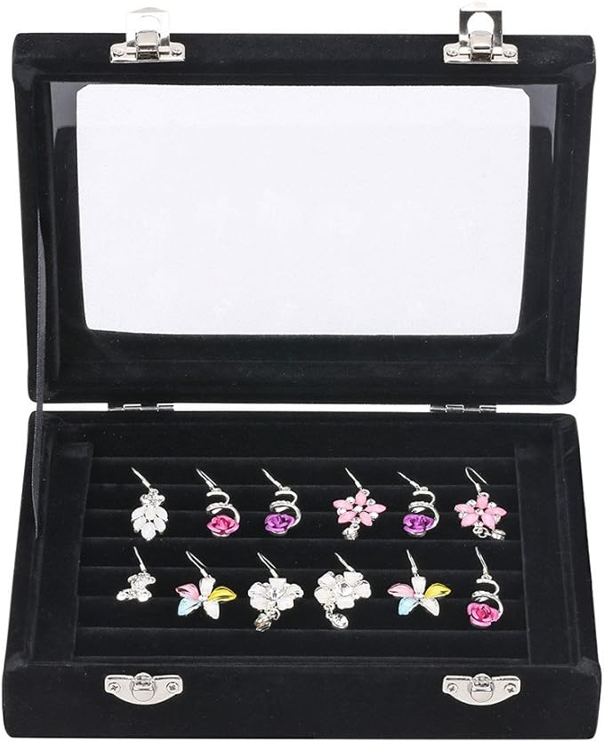 Velvet Glass Jewelry Display Storage Box Ring Earrings Jewelry Box Ring Holder Case, 2 clasps
