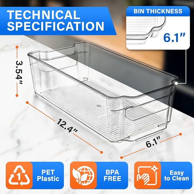 Lifemaster Multi-purpose Refrigerator Bins - 14 pieces Usable and Stackable Design Fridge Bin Organizer with Easy Grip Handles - Clear