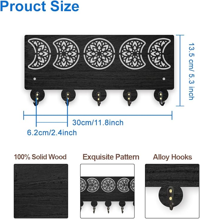MAYJOYDIY Mandala Moon Phase Key Holder for Wall 11.8x5.3inch Floral Moon Wood Key Rack Hooks with 5 Alloy Hooks for Entryway Front Door Kitchen Office Decor