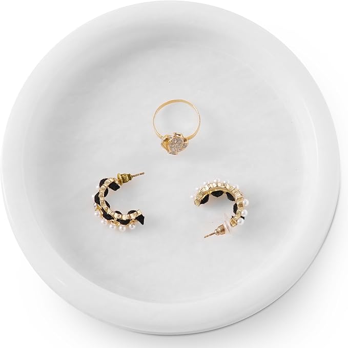 Marble Jewelry Dish 5 Inch Handmade White Jewelry Tray for Vanity Decor - Stone Trinket Dish, Marble Ring Holder, Key & Candle Plate for Entryway Table