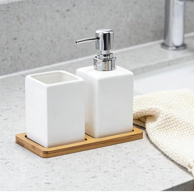 White Soap Dispenser and Toothbrush Holder with Tray,Ceramic Bathroom Accessories Set Modern Square Countertop Bath Set,Liquid Soap Dispenser,Tumbler Cup,Wooden Vanity Tray