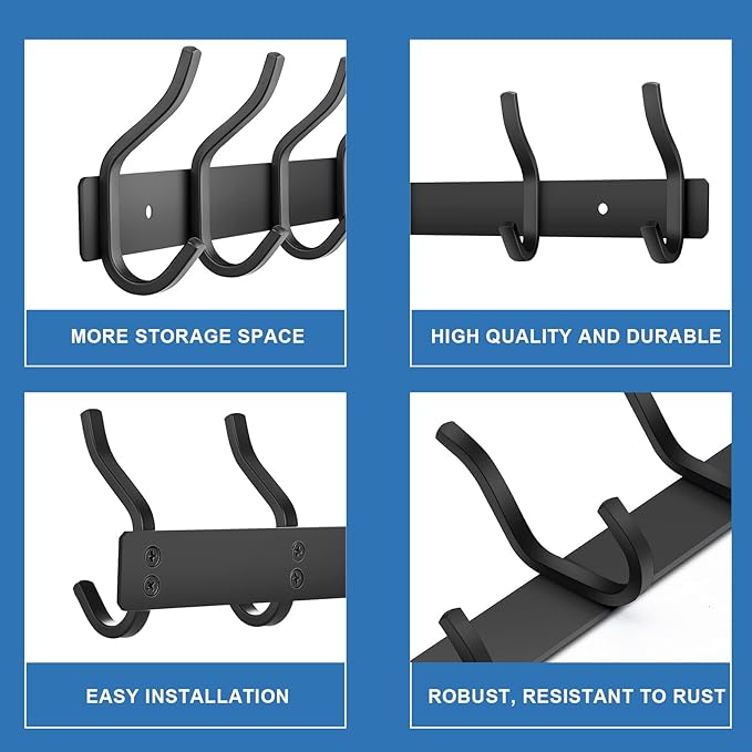 Wall Hooks Heavy Duty, 23 Inch Coat Rack Wall Mount with 8 Hooks, Black Wall Hooks for Entryway, Bathroom - for Hanging Backpack, Bag, Coat, Purse, Hat, Towel, Clothes,2 Packs