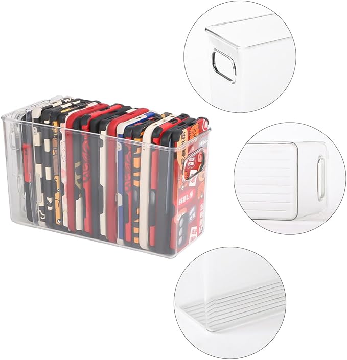Plastic Clear Phone Case Organizer, Storage Holder Box with Handle Multifunctional Phone Case Storage, Electronics Organizer for Desk, Cabinet, Shelf (Deep)