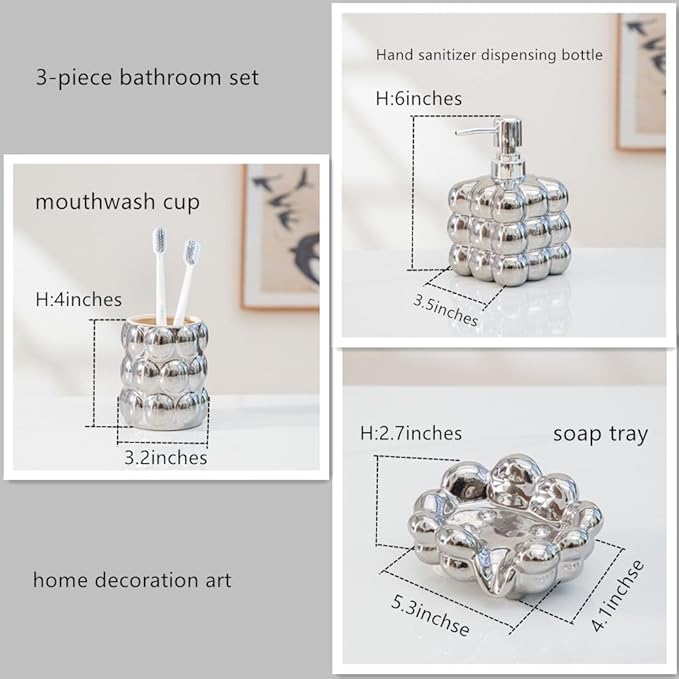Anding Bathroom Accessory Sets, Includes Lotion Dispenser Toothbrush Holder, Cup and Soap Dish Ceramic Abstract Home Decor Shelf, Silver, (A635 Silver Set)