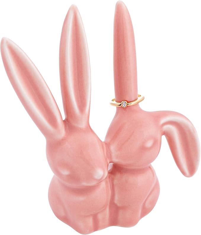Creative Co-Op Ceramic Bunny Rabbit Ring Holder, Pink