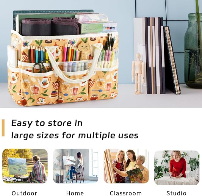 E-WEICHEN Craft Organizer Tote Bag Art Storage Caddy with Multiple Pockets Containers for Art,Craft,and Office Supplies Storage.Yellow Teapot