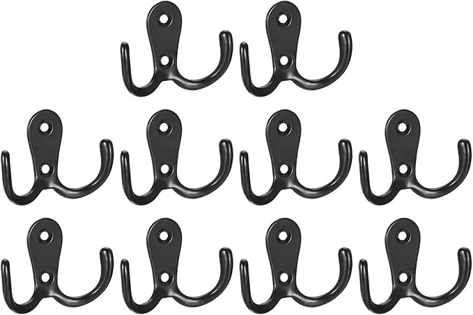 uxcell Wall Hooks, 10Pcs - Zinc Alloy Double Prong Retro Hook, Hooks for Hanging Towel Coat Backpack Clothes Scarf Keys Hat Cup (Black)