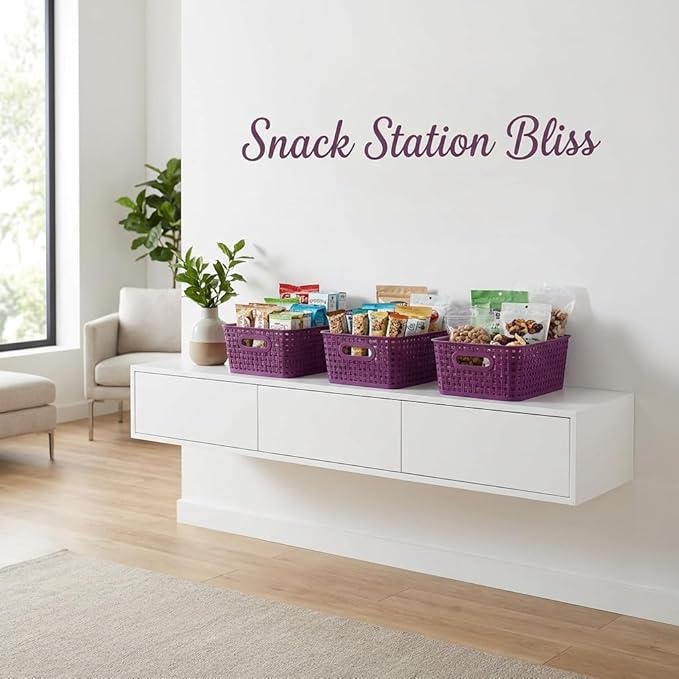 Dark Purple Organizing Baskets, Stackable Pantry Organizers and Basket Set of 12, Plastic Storage Baskets for Shelves, Classrooms, Kitchens, Laundry Room, Bathrooms and Bedrooms